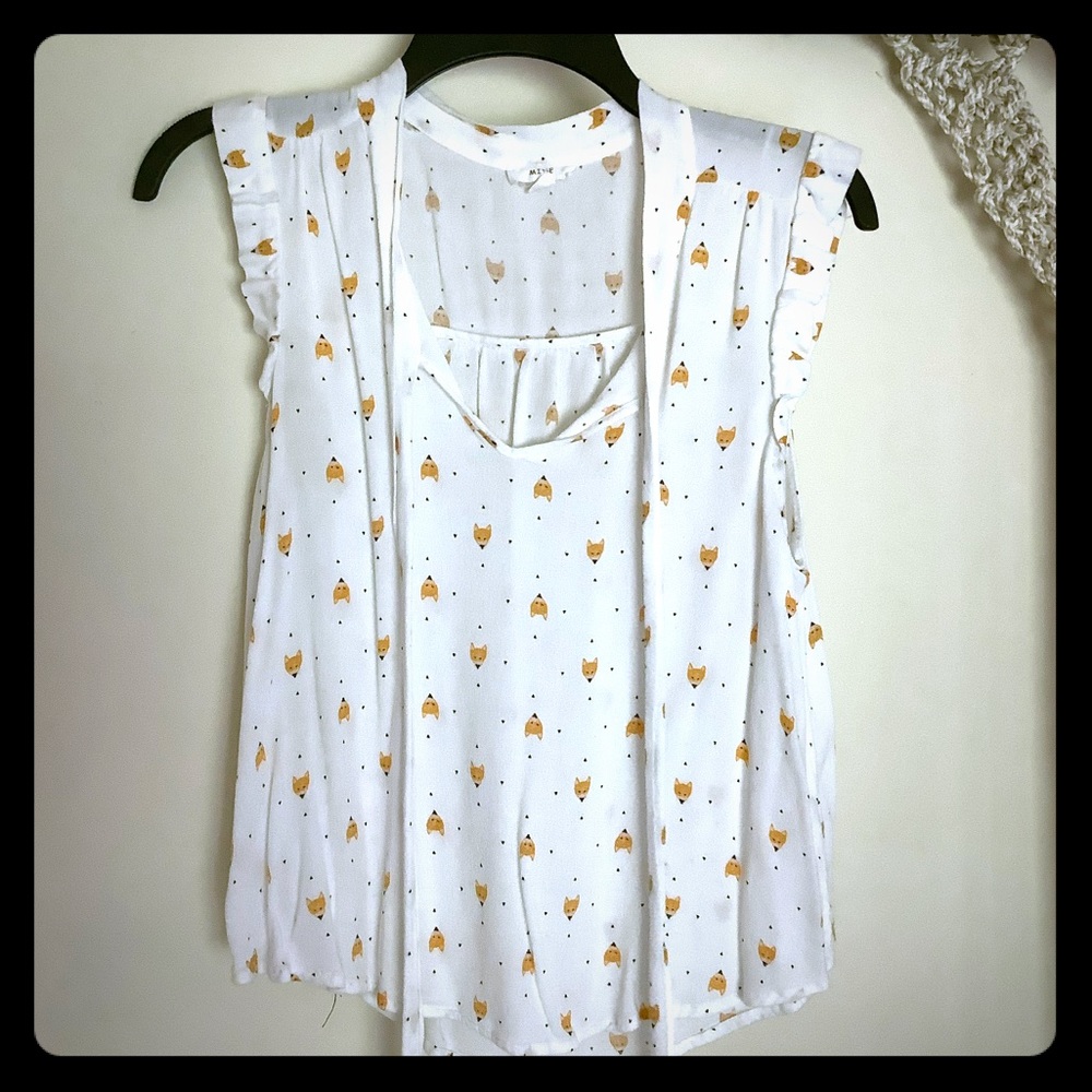 White fox patterned blouse with tie closure